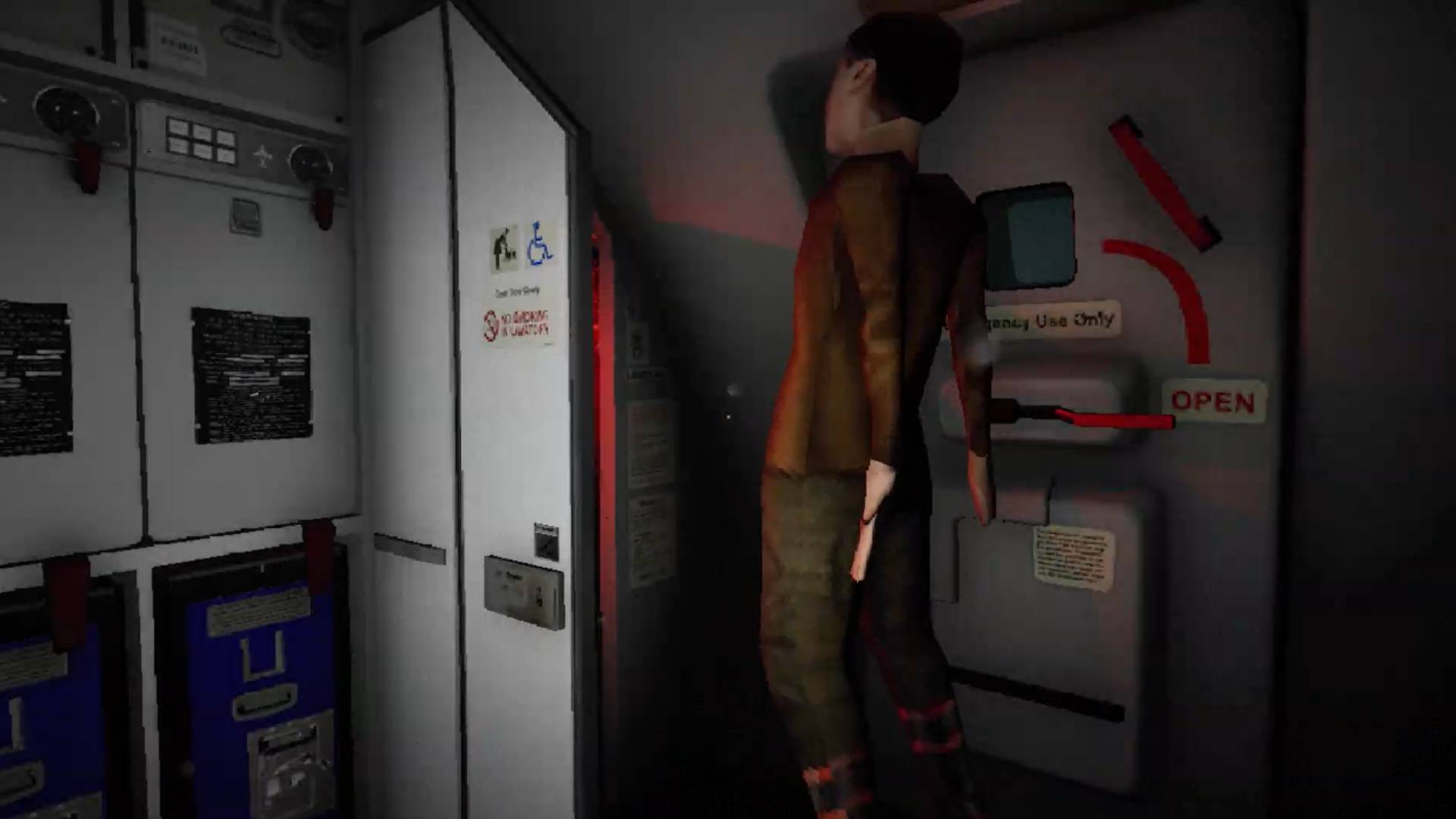 Screenshot from Night Plane horror game showing a man being lifted off his feet in front of a plane lavatory door with ominous red light come from inside