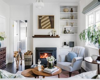 neutral living room with pops of greens and blues and striped armchair