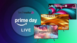 Samsung, Amazon and LG TVs with a sign saying Prime Day Live