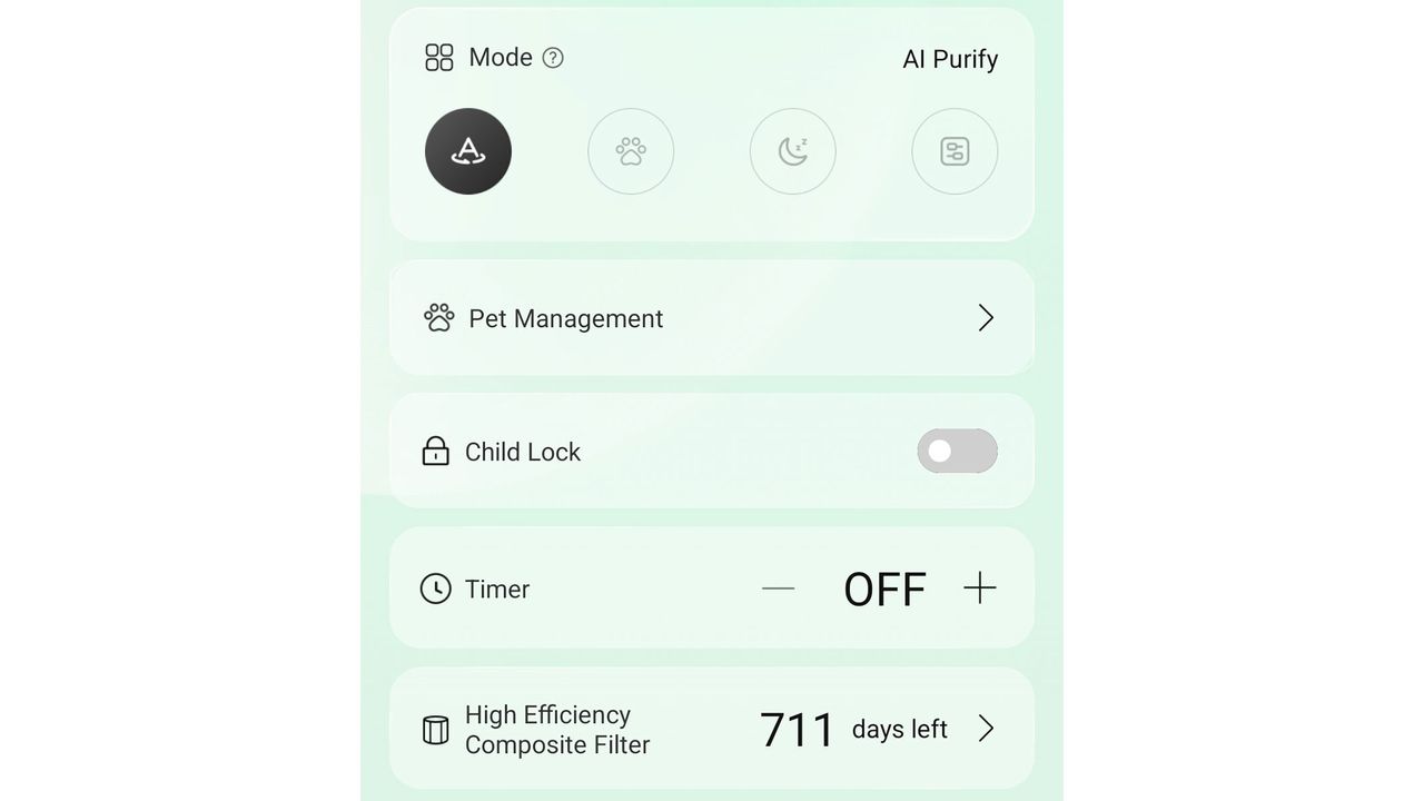 a screenshot of the air purifier settings taken from the Dreamehome app