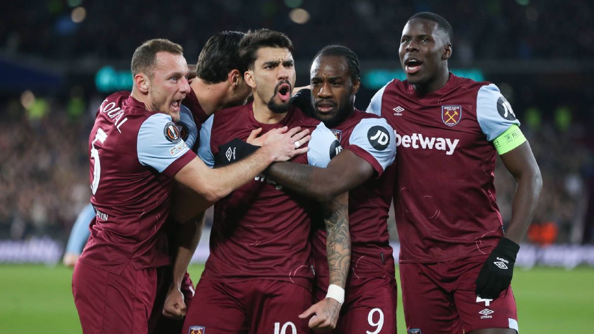 West Ham United&#039;s Lucas Paqueta celebrates scoring a goal with Vladimir Coufal, Michail Antonio and Kurt Zouma during the UEFA Europa League 2023/24