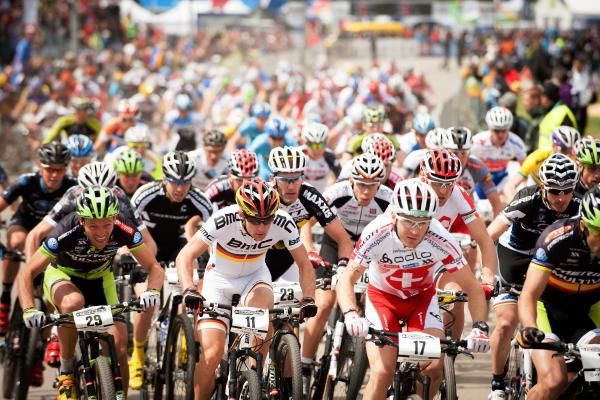 The start of the elite men's cross country in Nove Mesto, Czech Republic