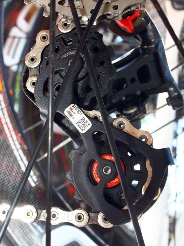 Campagnolo's Super Record rear derailleur is fitted with ceramic pulley bearings.