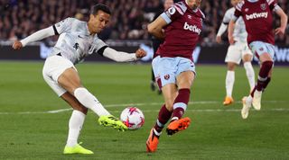 LONDON, ENGLAND - APRIL 26: Thiago Alcantara of Liverpool shoots at goal during the Premier League match between West Ham United and Liverpool FC at London Stadium on April 26, 2023 in London, England. (Photo by Julian Finney/Getty Images)