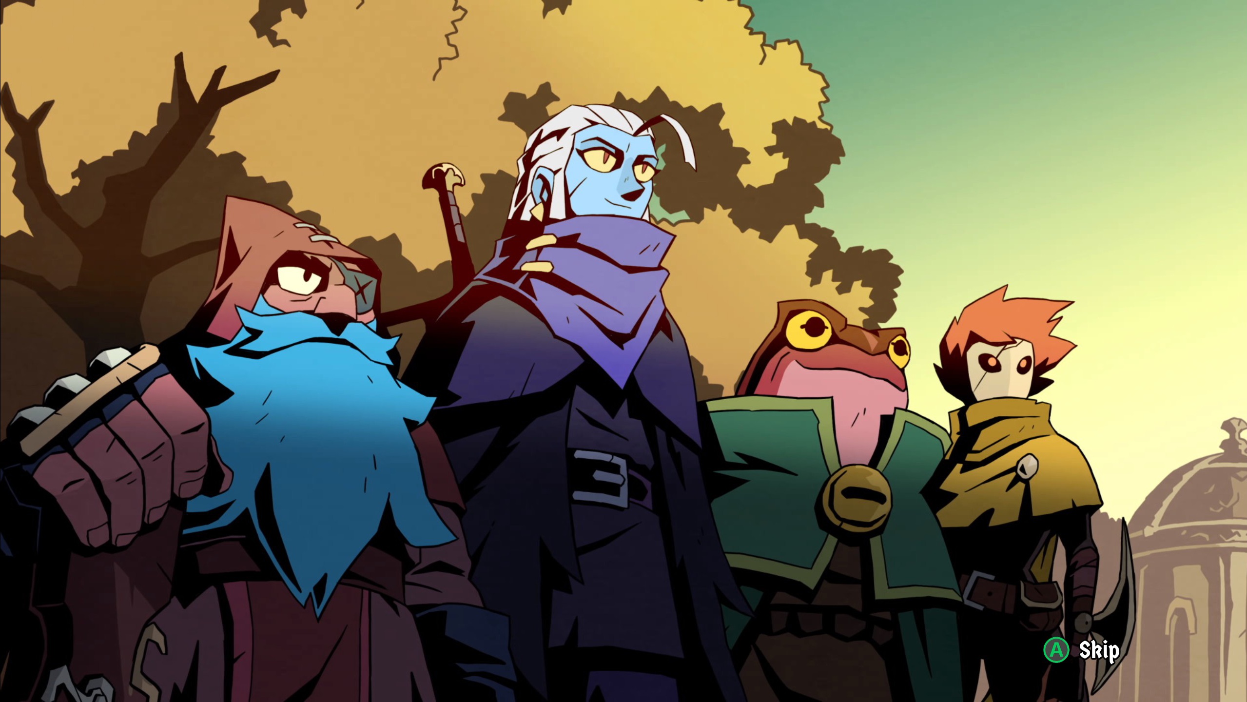 the four heroes of Absolum pose heroically: Karl the dwarf, Galandra the warrior, Brome the frog wizard, and Cinder the aerial fighter