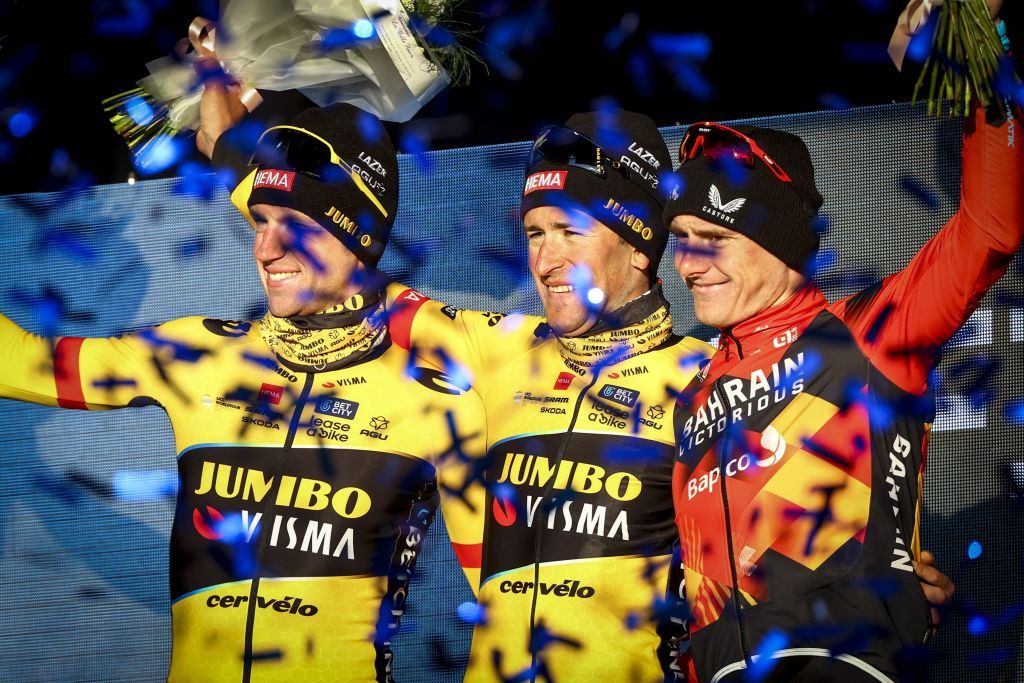 Belgian Nathan Van Hooydonck of JumboVisma Belgian Tiesj Benoot of JumboVisma and Slovenian Matej Mohoric of Bahrain Victorious celebrate on the podium of the KuurneBrusselsKuurne one day cycling race 193 km from Kuurne to Kuurne via Brussels Saturday 25 February 2023 BELGA PHOTO DAVID PINTENS Photo by DAVID PINTENS BELGA MAG Belga via AFP Photo by DAVID PINTENSBELGA MAGAFP via Getty Images