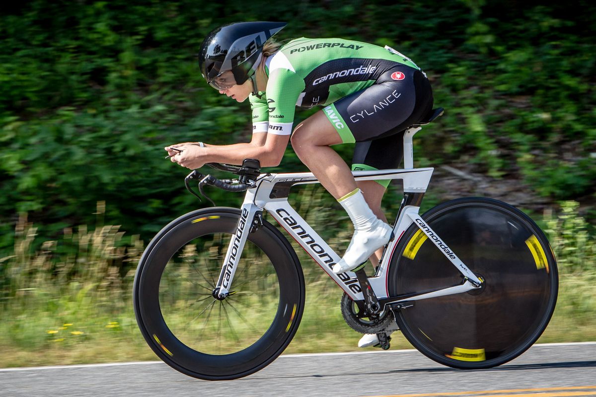 Alison Tetrick (Cylance) almost to the turn around of the US time trial championship