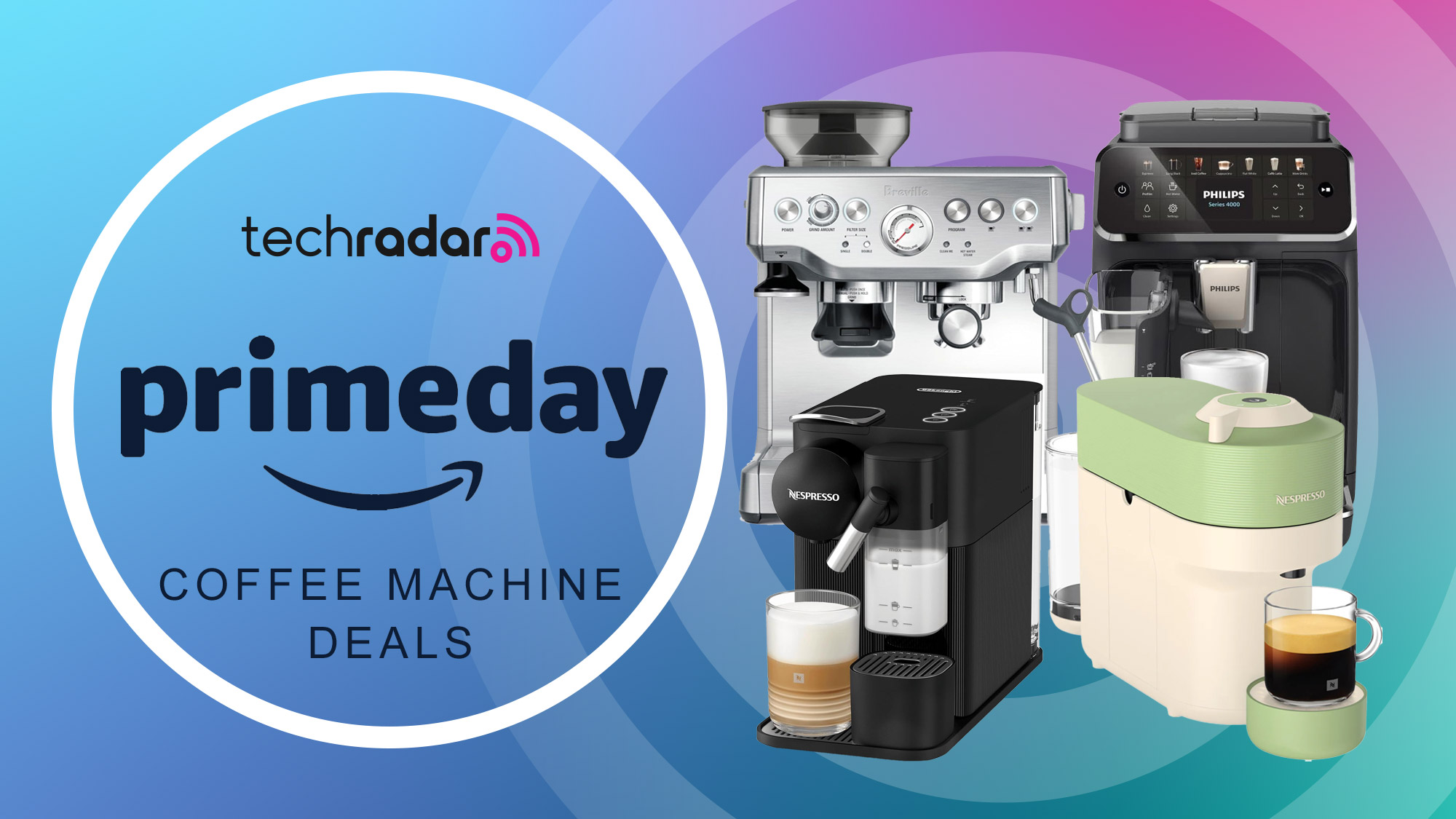 A selection of espresso machines on a blue, green and pink gradient background with &quot;Prime Day coffee machine deals&quot; text.