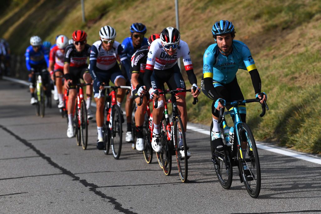 LAGHI DI CANCANO ITALY OCTOBER 22 Fabio Felline of Italy and Astana Pro Team Joseph Lloyd Dombrowski of The United States and UAE Team Emirates Antonio Nibali of Italy and Team Trek Segafredo Amanuel Ghebreigzabhier Werkilul of Eritrea and NTT Pro Cycling Team Ruben Guerreiro of Portugal and Team EF Pro Cycling Blue Mountain Jersey Matthew Holmes of The United Kingdom and Team Lotto Soudal Breakaway during the 103rd Giro dItalia 2020 Stage 18 a 207km stage from Pinzolo to Laghi di Cancano Parco Nazionale dello Stelvio 1945m girodiitalia Giro on October 22 2020 in Laghi di Cancano Italy Photo by Tim de WaeleGetty Images