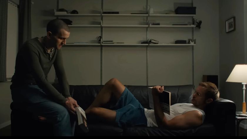 Harry Melling looking at Alexander Skarsgard in Pillion.