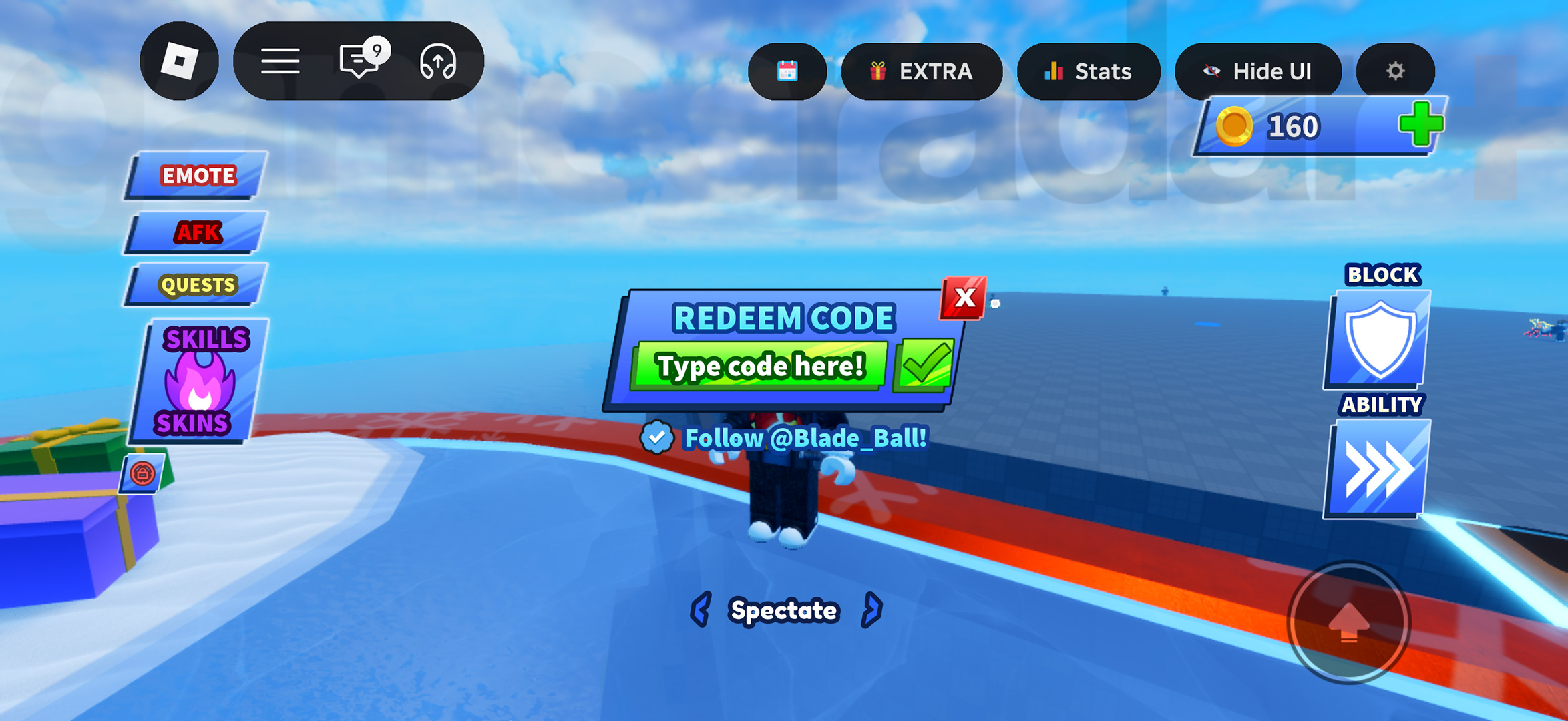 The Blade Ball codes menu