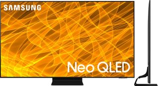 Samsung QN90A Neo QLED TV review: image shows front and side of Samsung QN90A Neo QLED TV