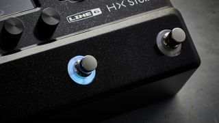 Close up of a footswitch on the Line 6 HX Stomp