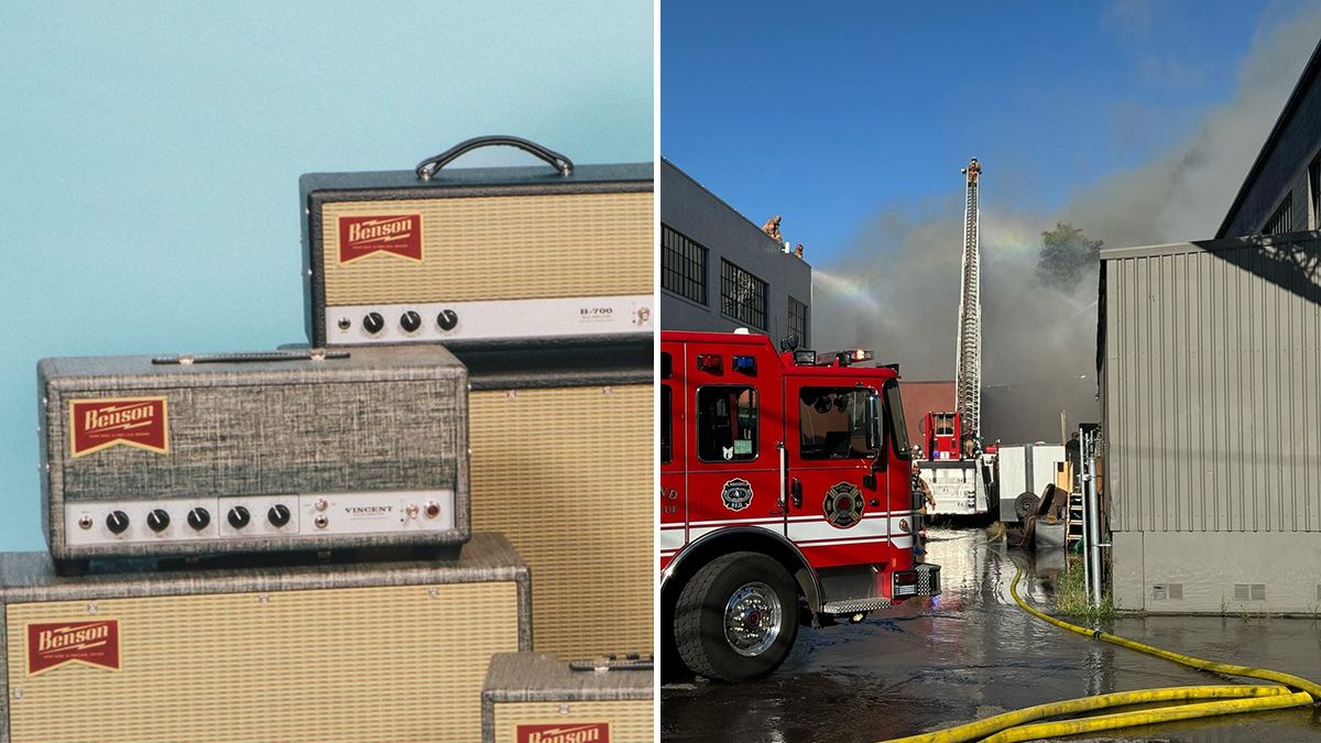 Benson Amps&#039; amp collection, and a picture of firefighters attending a fire near the Benson Amps warehouse