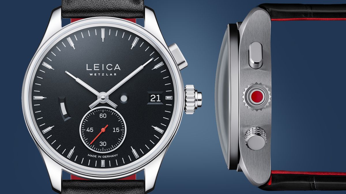 The front and side of the Leica L1 watch on a blue blackground