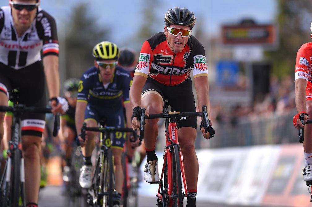 Greg Van Avermaet rolls across the Tirreno-Adriatico stage 2 finish line in fourth.