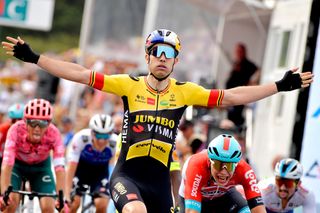PLOUAY FRANCE AUGUST 28 Wout Van Aert of Belgium and Team Jumbo Visma celebrates at finish line as race winner during the 86th Bretagne Classic OuestFrance 2022 a 2548km one day race from Plouay to Plouay BretagneClassic WorldTour on August 28 2022 in Plouay France Photo by Bruno BadeGetty Images
