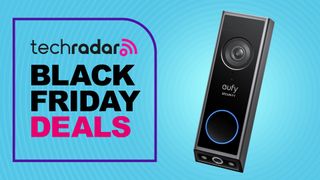 Eufy video doorbell on blue background with text reading 'TechRadar Black Friday Deals'