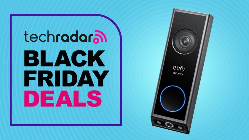 Eufy video doorbell on blue background with text reading &#039;TechRadar Black Friday Deals&#039;