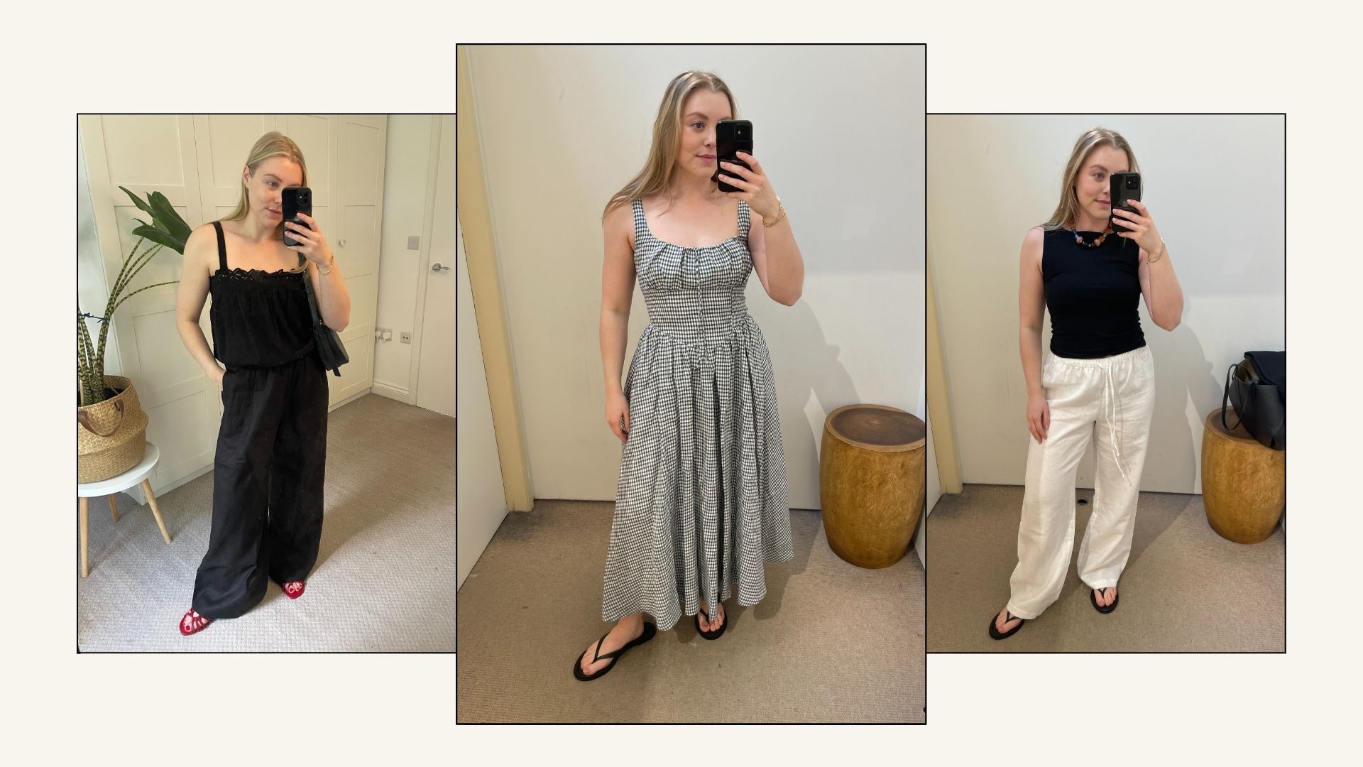 Woman wears black top and black trousers; woman wears gingham dress; woman wears black top and white trousers