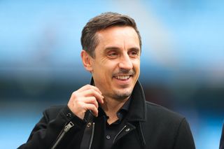 Sky Sports pundit Gary Neville looks on during the Premier League match between Manchester City and Aston Villa at Etihad Stadium on May 22, 2022 in Manchester, England. 