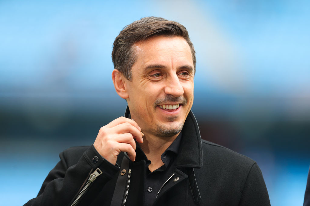 Sky Sports pundit Gary Neville looks on during the Premier League match between Manchester City and Aston Villa at Etihad Stadium on May 22, 2022 in Manchester, England.