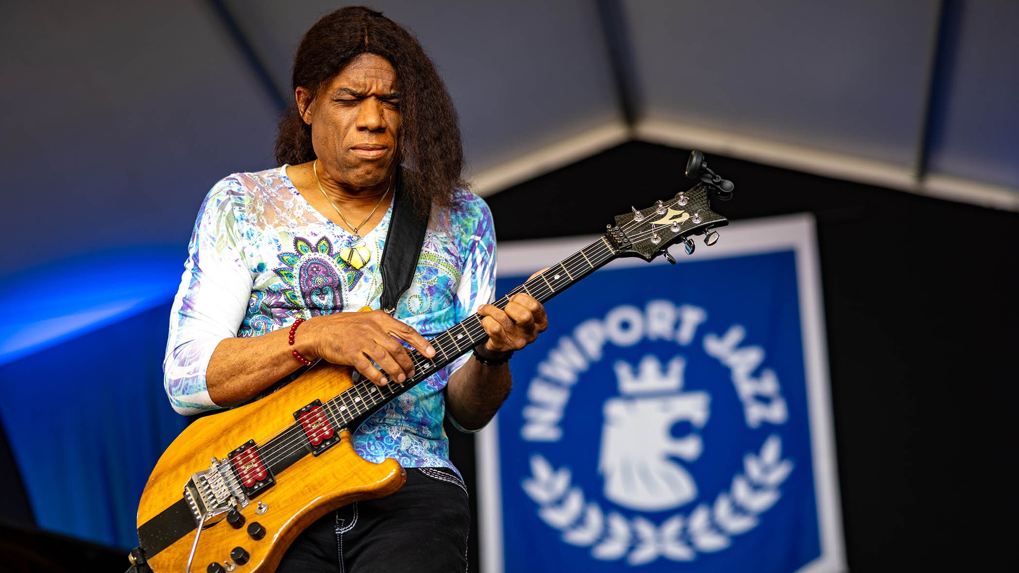 Stanley Jordan works his two-handed guitar magic at Newport Jazz Festival.