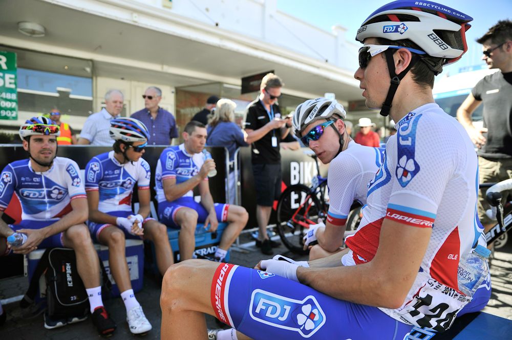 FDJ riders prepare for the first stage of the Tour Down Under cycling race from Adelaide to Tanunda