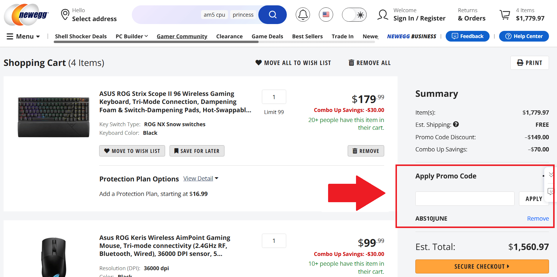 A screenshot showing the Newegg checkout page and where to enter a promo code
