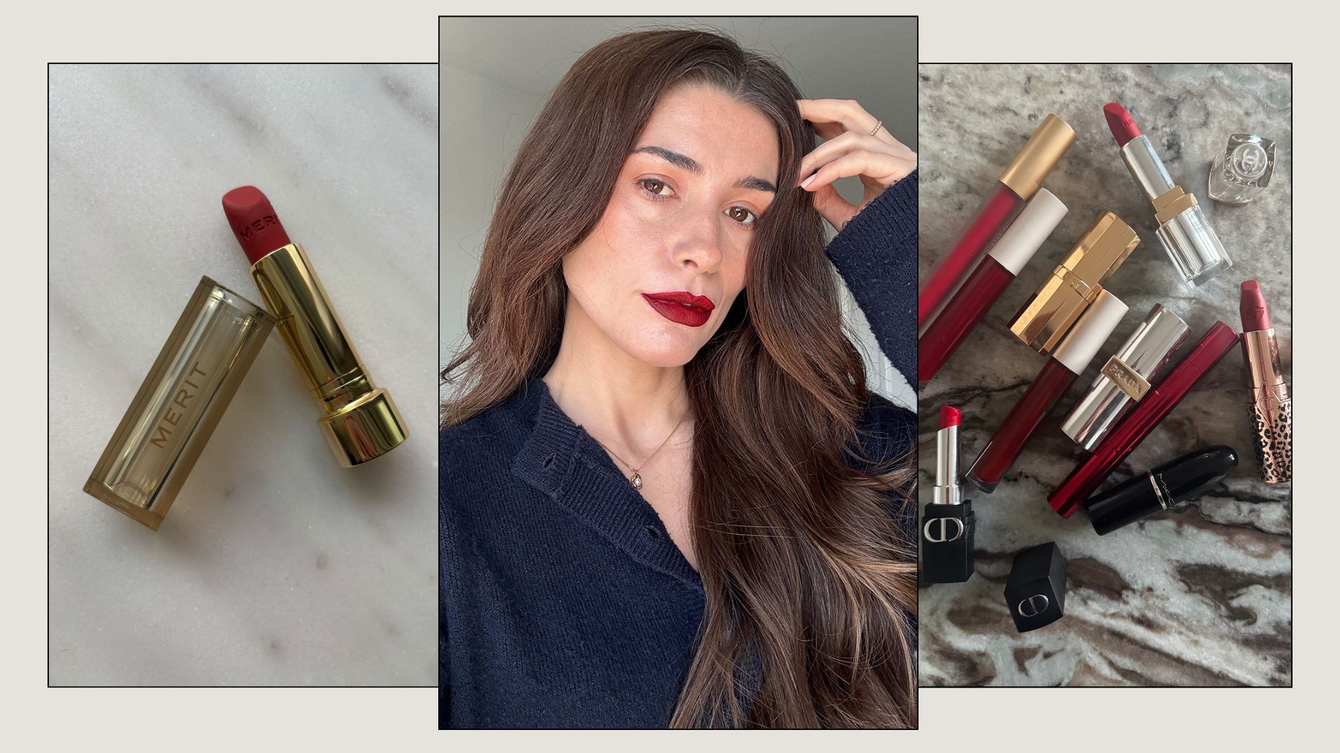 A collage of red lipsticks and a photo of beauty editor Eleanor Vousden wearing a red lipstick 