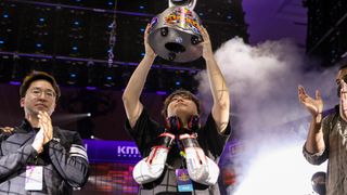 Genki "Gen" Kumisaka celebrates after winning the Tekken 7 tournament at Red Bull Kumite at Caesars Palace on November 13, 2021 in Las Vegas, Nevada.
