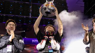 Genki &quot;Gen&quot; Kumisaka celebrates after winning the Tekken 7 tournament at Red Bull Kumite at Caesars Palace on November 13, 2021 in Las Vegas, Nevada.