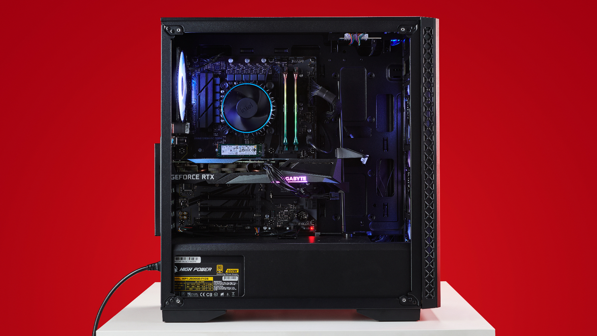 The ABS gaming PC side internals view on red.