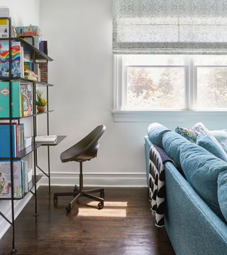 shelving and a chair in a living room
