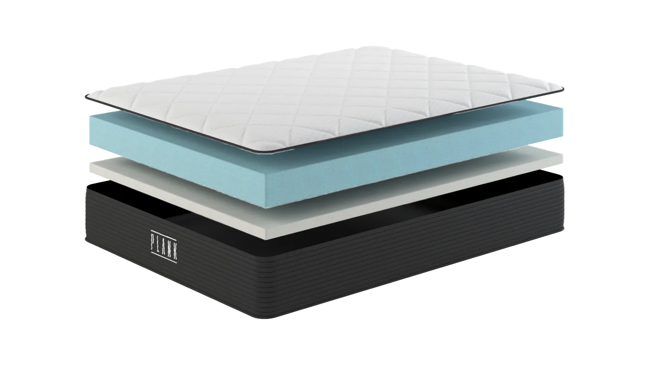 An exploded chart showing the interior layers of the Plank Firm mattress with the Extra Firm side at the top