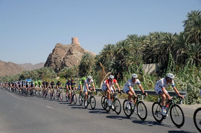 The Tour of Oman peloton en route from Fanja in Bidbid to Al Bustan during stage 2.