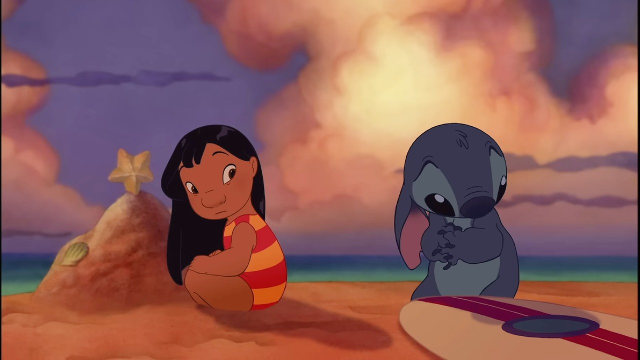 Stitch looking sad and Lilo watching in Lilo & Stitch.