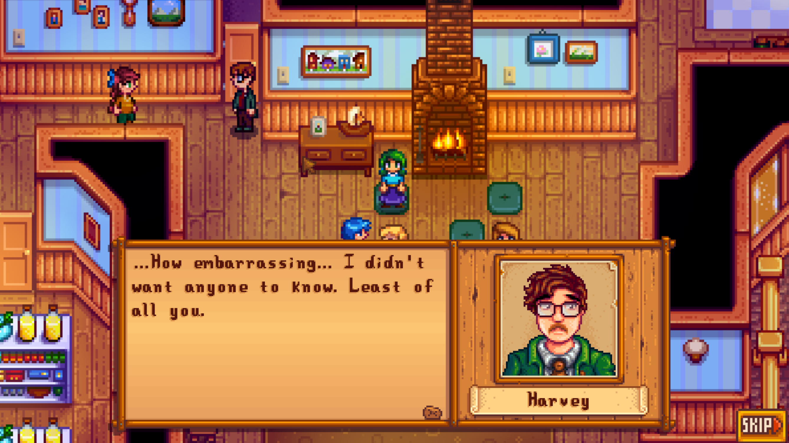 Stardew Valley - Harvey and the player character during one of his heart events