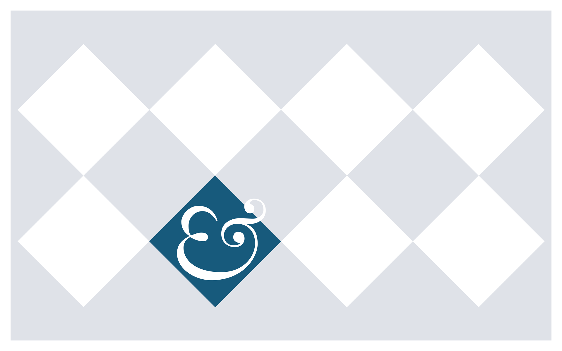 Pale blue rectangle with a grid pattern of diamond shapes, all white except one which is dark teal with an ampersand in Homes &amp;amp; Gardens style curly font