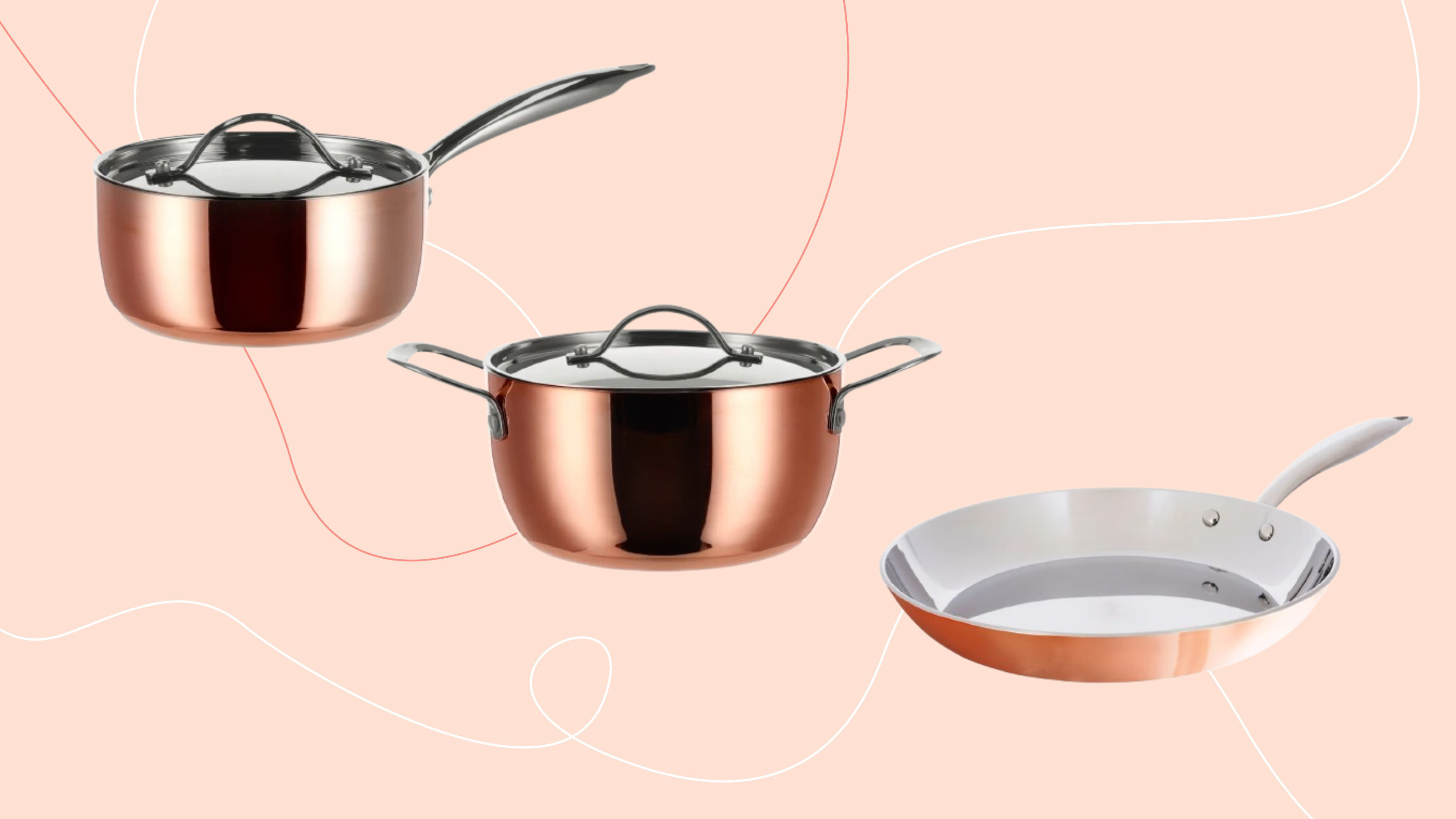 lidl copper pans on a pink background.