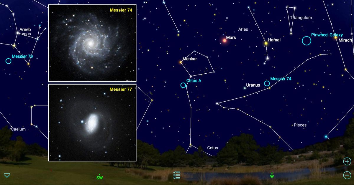 The Messier marathon is a bucket-list observing challenge for amateur astronomers. During a single night in early spring every year, it&#039;s possible for skywatchers in mid-northern latitudes to see all 110 objects in Charles Messier&#039;s list of celestial showpieces. The marathon requires some advanced planning, and mobile apps are a terrific resource for this. The first two objects to observe, the galaxies Messier 74 and 77, set soon after dusk. Their locations are shown here for 8 p.m. local time on the moonless night of March 6, 2019.