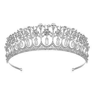 Sweetv Princess Diana Tiara for Women, Silver Pearl Wedding Crown for Bride, Rhinestone Costume Accessories for Birthday Party Prom