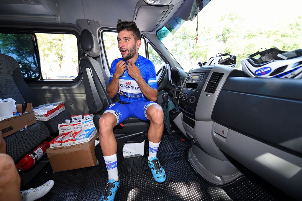 Fernando Gaviria enjoying the atmosphere of the team van