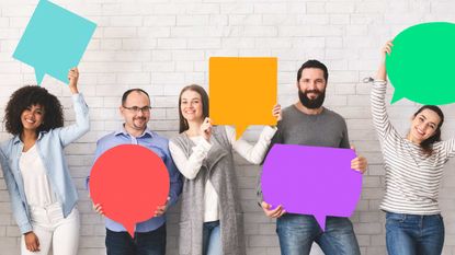 Five people hold up colorful cutout speech bubbles nest to their mouths.