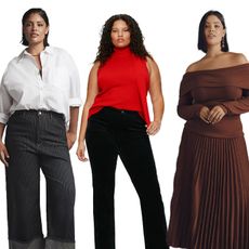 model wears pinstriped barrel leg jeans and white button down, model wears red sleevless scarf sweater with black pants, model wears brown long sleeve off the shoulder pleated maxi dress