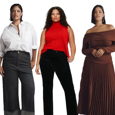 model wears pinstriped barrel leg jeans and white button down, model wears red sleevless scarf sweater with black pants, model wears brown long sleeve off the shoulder pleated maxi dress 