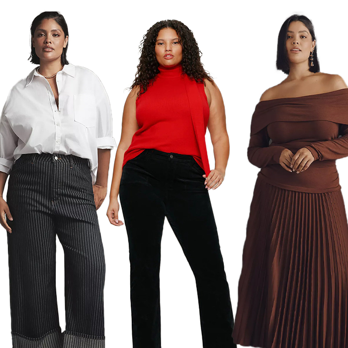 model wears pinstriped barrel leg jeans and white button down, model wears red sleevless scarf sweater with black pants, model wears brown long sleeve off the shoulder pleated maxi dress