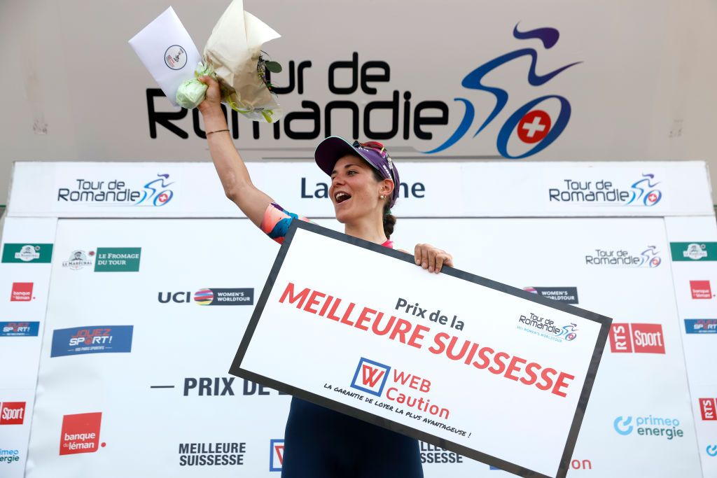 LAUSANNE SWITZERLAND OCTOBER 07 Elise Chabbey of Switzerland and Team CanyonSram Racing celebrates at podium as best switzerland prize winner during the 1st Tour de Romandie Feminin 2022 Stage 1 a 1344km stage from Lausanne to Lausanne TDRwomen TDRF on October 07 2022 in Lausanne Switzerland Photo by Bas CzerwinskiGetty Images
