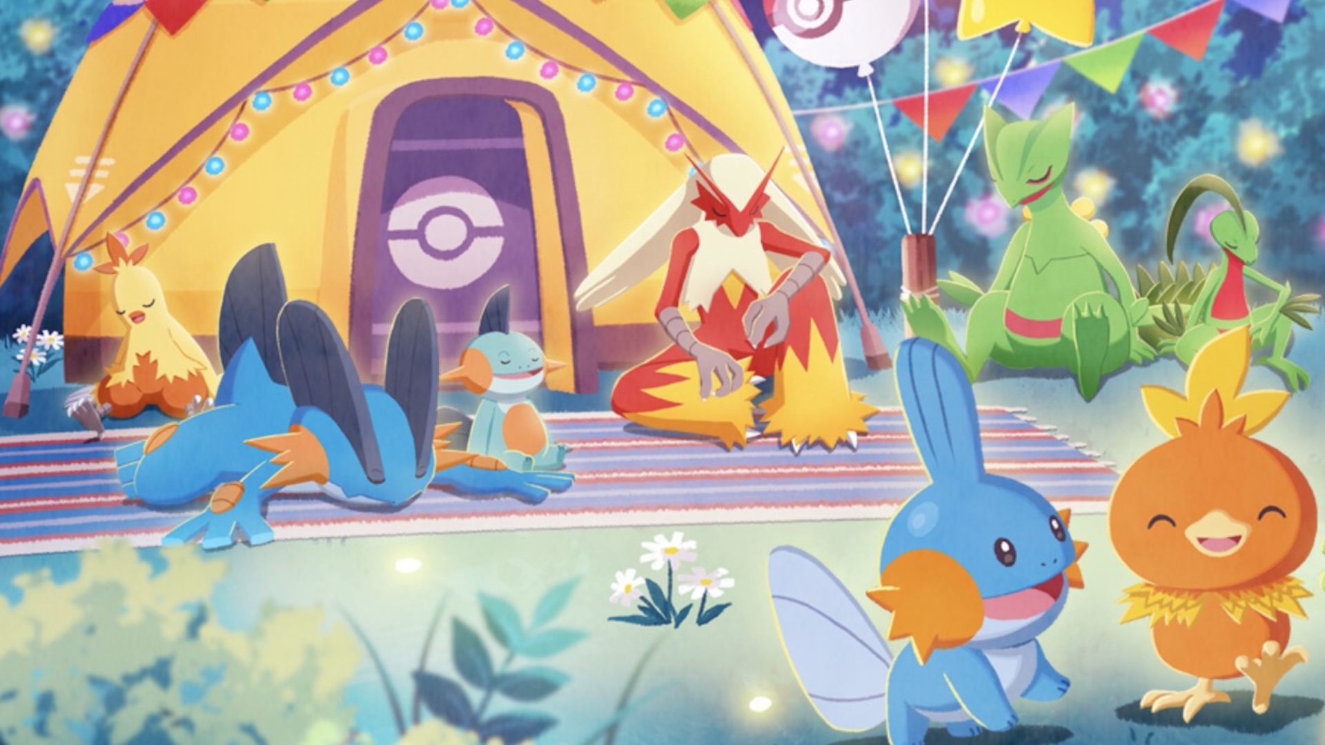 Pokémon sleep next to a yellow tent