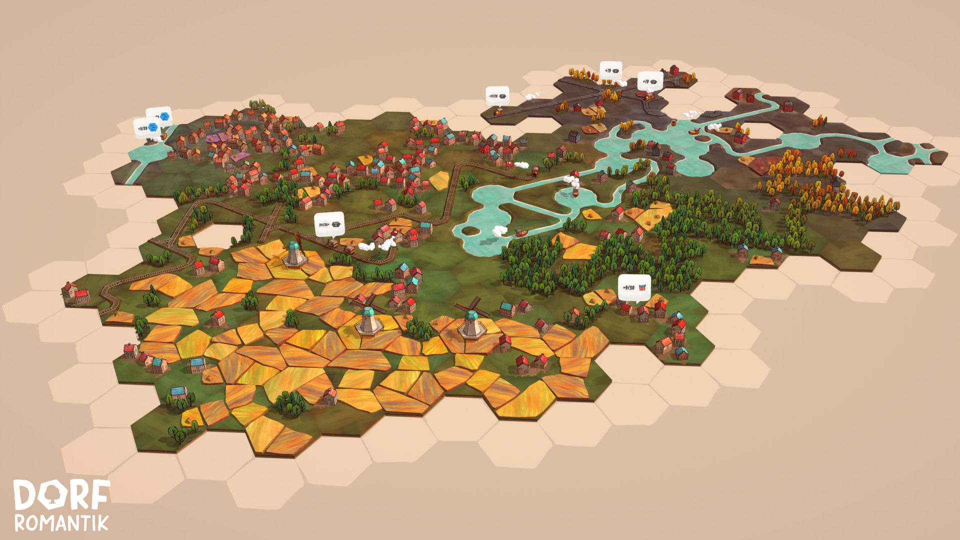 A countryside scene made of hexagonal tiles from the game Dorfromantik.